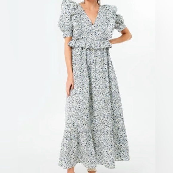Hyacinth House Dresses & Skirts - Hyacinth House Blue Floral Maxi Dress Puff Sleeve Ruffle Prairie Cottagecore XS